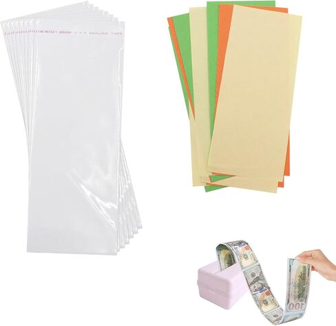 100 PCS Cake Money Box Transparent Bag with 10 Colorful Paper, Resealable Cellophane Food Safe Adhesive Self-Sealing Clear Plastic Packing Bag for Birthday Wedding Party Decor (Box Not Included) in Saudi Arabia