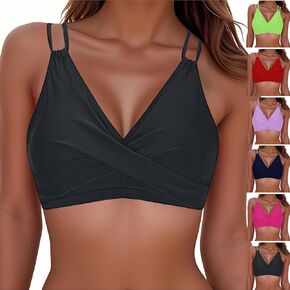 Women's Twist Front V Neck Bikini Top Padded Self Tie Up Straps Bathing Suit Tops Striped Backless Swimwear Tops