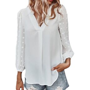Women's Elegant Chiffon Swiss Dot Long Sleeve Blouse Casual Work Elegant Tunic V Neck Mesh Bubble Sleeve Shirt