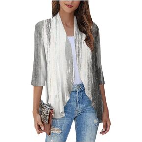 Womens Open Front Cardigan Lightweight Retro Print Cardigans 3/4 Sleeve Blouse Tops Coat Casual Duster Jackets