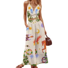 Women's Sexy Print 2 Piece Outfits Linen Set Crop Tops and Wide Leg Pants with Pockets Vacation Loungewear