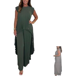 Pleated Short Sleeve Irregular Midi Top and Elastic Waist Wide Leg Pants Set, Two Piece Sets for Women Going Out
