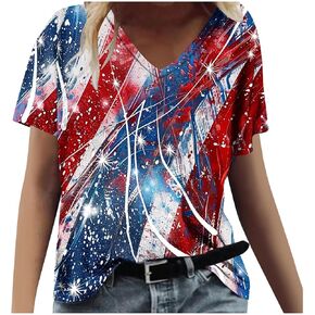 4th of July Women Shirts Short Sleeve Indepeance Day Patriotic Tees V Neck Stars and Stripe Summer Blouses