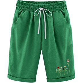 QWENTMTNTY Womens Cotton Linen Bermuda Shorts Elastic Waist Casual Summer Plus Size Shorts with Pockets Workout Beach Shorts