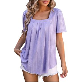 Womens Short Sleeve Tops Square Neck Textured T Shirt Solid Color Pleated Blouses Dressy Casual Loose Fit Trendy Tee
