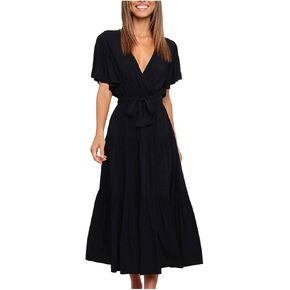 Women Midi Long Dress Summer Short Sleeve Wrap V Neck A-Line Swing Dresses Elegant Party Wedding Beach Sundress