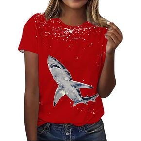 Ocean Wildlife Vintage Shark Graphic Tees for Women Loose Fit Crewneck Short Sleeve Tshirts Cute Animal Print Tops