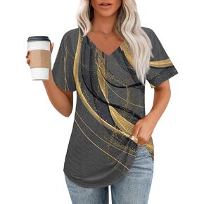 Business Casual Tops for Women V Neck Short Sleeve Blouses Floral Boho Tops Loose Fit Basic Tees with Curved Hem
