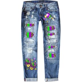 Muyise Boyfriend Jeans for Women Patchwork Distressed Casual Ripped Jeans Stretch Straight Leg Denim Trousers with Pockets
