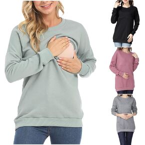 Women's Nursing Tops Cotton Sweatshirt Long Sleeve Zipper Breastfeeding Shirts Casual Round Neck Pregnancy Tunics Tee