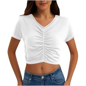 Sexy T-Shirt for Women Ruched Stretchy Slim Fit Jersey Crop Top V Neck Short Sleeve Shirts Y2K Streetwear