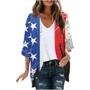 Women's American Flag Kimono Cardigan 4th of July Cover Up Tops Lightweight Chiffon Patriotic Outfits