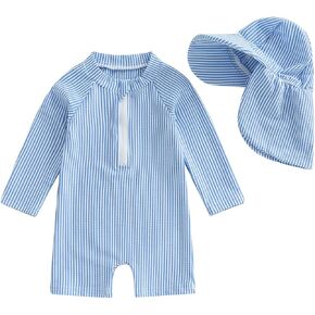 Baby Boys Girls Swimsuit One Piece Striped Zipper Bathing Suit Rash Guard Long Sleeve Seersucker Swimwear Sunsuit