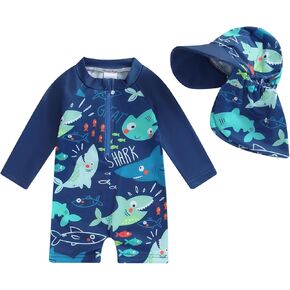 Springcmy Toddler Baby Boys Swimsuit One Piece Long Sleeve Rash Guard Zipper Bathing Suit Swimwear with Hat Beachwear