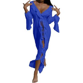 Womens Sheer Maxi Kimono Cardigan Mesh Ruffle Flowy Duster Beach Swimsuit Cover up Dress Chiffon Long Kimonos