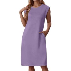 Summer Casual Dresses For Women 2025 Knee Length Loose Dress Sleeveless Crew Neck Slit T Shirt Dresses With Pocket