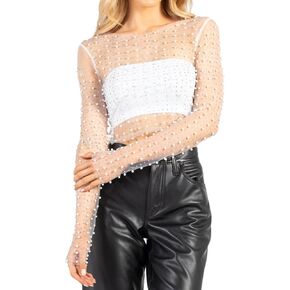 Women's Long Sleeve Pearl Rhinestone Mesh Top Sexy See Through Crop Top Y2K Long Sleeve Sheer Mesh Crop Blouse