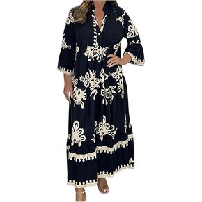 Moomoo Dresses for Women Boho Floral V Neck Kaftan Dress Loose Flared Sleeves Maxi Dress Summer Holiday Beach Caftans