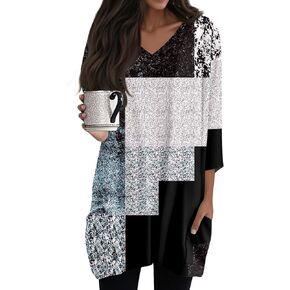 Womens Summer Tops Loose Comfortable Printed Blouses Tees V Neck Tunic Shirts 3/4 Sleeve Casual Trendy T Shirts