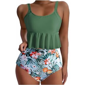 Womens Tankini Set Tropical Hawaii High Waisted Bikini Bathing Suits 2 Piece Swim Tank Top with Boy Shorts Swimsuits