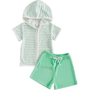 Toddler Baby Boy Girl Swim Cover Up Striped/Checkered Terry Cloth Swim Suit Shorts and Top Kids Bathing Suit Coverup