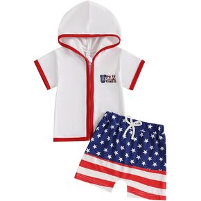 Toddler Boy 4th of July Swimsuit Towel Terry Swim Cover Up Flag Embroidery Zipper Hooded Bathing Suit Swimwear Set
