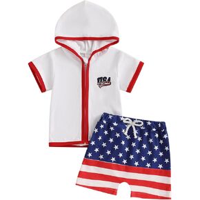 Toddler Baby Boy Independence Day Swimsuit Cover Up Short Sleeve Zipper Hooded Tops Stripted Shorts Towel Bathing Suit