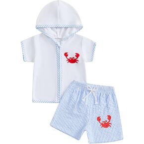 Toddler Baby Boy Swim Cover Up Zipper Towel Terry Hood Tops Seersucker Gingham Shorts Set 2pcs Beach Bathing Suit