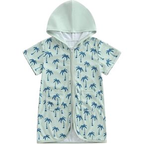 ZAXARRA Boys Swim Cover Up Zip Up Hooded Tree/Dinosaur Print Bathing Suit Coverup Wraps Kids Pool Beach Robe