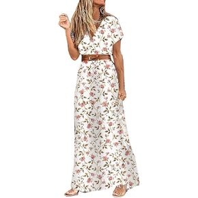 Women Summer Bohemian Floral Casual Wrap V Neck Ruffle Cap Sleeveless Belt A-Line Pleated Hem Midi Sun Dress White
