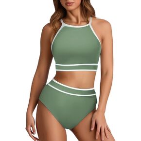 High Waisted Bikini Sets for Women Cheeky Color Block Two Piece Swimsuit Halter Swimsuit Vintage Swimwear