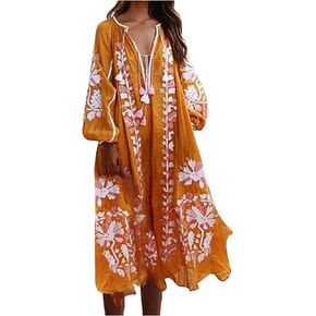 Qeaghou Kaftan Dresses for Women Boho Print Maxi Dress Puffed Sleeves V Neck Vacation Dress Loose Beach Swimsuit Cover-Up