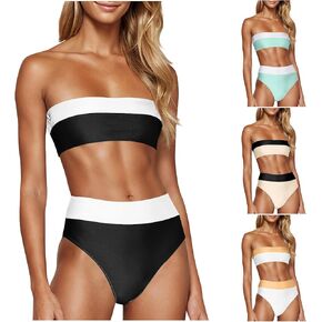 Two Piece Bandeau Tankini Swimsuits for Women Strapless Bathing Suits Color Block Crop Tanks Full Coverage Bottoms
