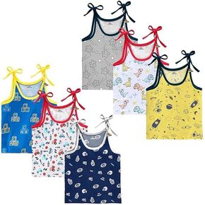 Baby Cotton Sleeveless Jhabla Vest with Tie-Up Shoulders, Pack of 6, Multicolor Prints, 3-6 Months