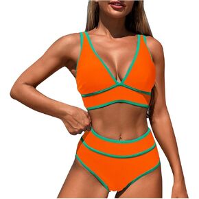 Womens Two Piece Swimsuit Sets Color Block V Neck Crop Tanks Full Coverage High Waist Bottoms Trunks Sporty Swimwear