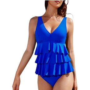 Women Tankini Swimsuits Tummy Control Two Piece Bathing Suit Ruffled Flounce Swimwear with Shorts