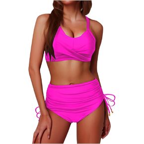 Women High Waisted Bikini Sets Two Piece Swimsuit Push Up Twist Front Ruched Bathing Suit Full Coverage Trunks