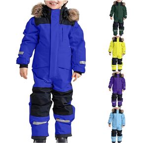 Children's Ski Suit Insulated Snow Bib Overalls Thermal Warm Snowsuit With Removable Hood Mud (Blue #1, 18-24 Months)
