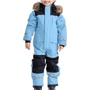 Children's Ski Suit Insulated Snow Bib Overalls Thermal Warm Snowsuit with Removable Hood (Sky Blue #1, 18-24 Months)