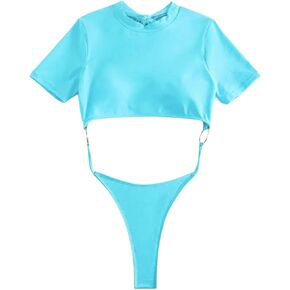 Women's Two Piece Swimsuit Short Sleeve Tee Crop Top Naughty Thong Scoop Neck V Cut Bottom Swimwear Beachwears