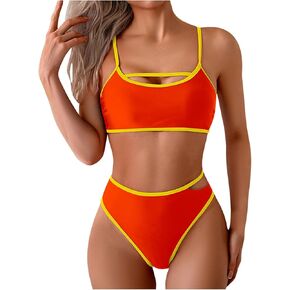 Sporty Swimsuits for Women Tummy Control Bikini Sets High Waisted Two Piece High Cut Bathing Suits Athletic Swimwear