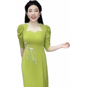 Vietnamese Traditional Ao Dai with Round Neck, Handmade Flower Applique, Ao Dai Set Includes Ao Dai and Pants
