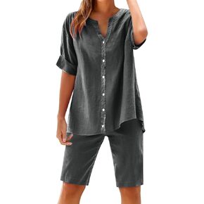 2 Piece Short Sets for Women Summer Travel Loungewear Set Button V Neck Short Sleeve Top Bermuda Cotton Linen Shorts