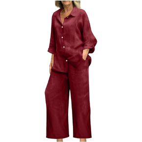 JOAU Plus Size Cotton Linen 2 Piece for Women Casual Lounge Long Sleeve Button Down Shirts and Wide Leg Pants Sets Tracksuit