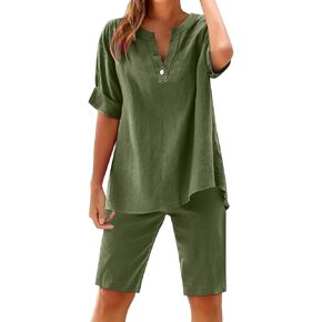 Linen Sets for Women 2 Piece Outfits Summer V Neck Short Sleeve Shirts & Wide Leg Bermuda Linen Shorts Loungewear in Saudi Arabia