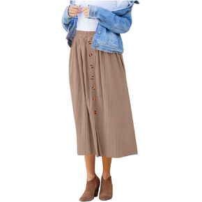 Women's Elastic High Waist Pleated A-Line Midi Skirts Dressy Casual Trendy Button Down Business Work Long Skirt
