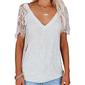 Women's Short Sleeve Scalloped V-Neck Feather Lace Sleeves Blouse Shirt Top Printed Top Casual Basic Tee Shirt