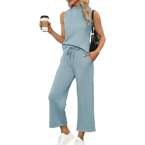 2025 2 Piece Outfits Travel Casual Sleeveless Pants Sets, Mock Neck Tops Wide Leg Crop Pants Vacation Travel Outfits