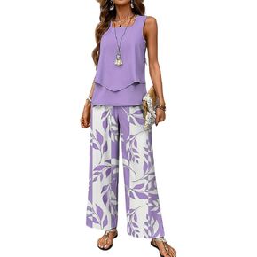 Women's Summer 2 Piece Outfits Sleeveless Square Neck Tiered Tops Wide Leg Pants Matching Set Going Out Lounge Suits