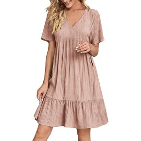 Sundresses for Women 2025 Casual Loose Fit Prom Bohemian Short Dress Plus Size Solid Color Swing V Neck Tiered Flowy Dress